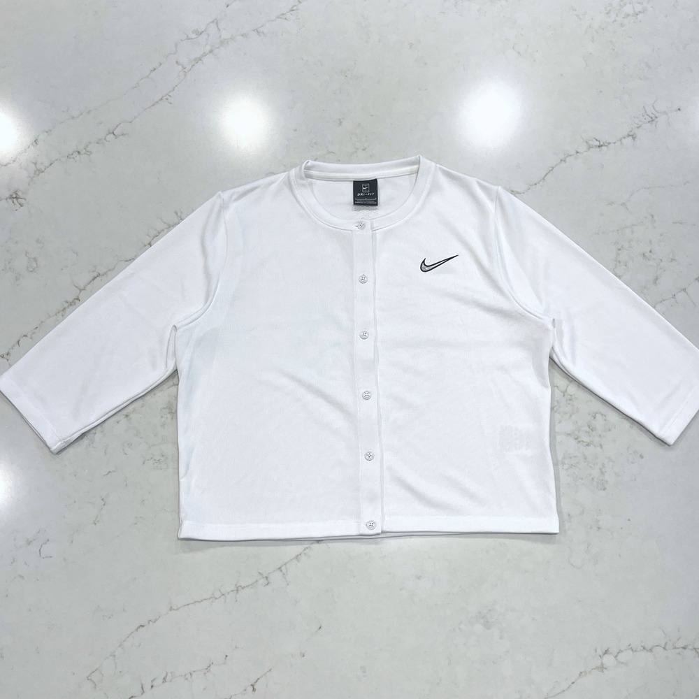 Nike Court Tennis Cardigan Womens L White Dri-FIT 3/4 Sleeve Preppy Graphic